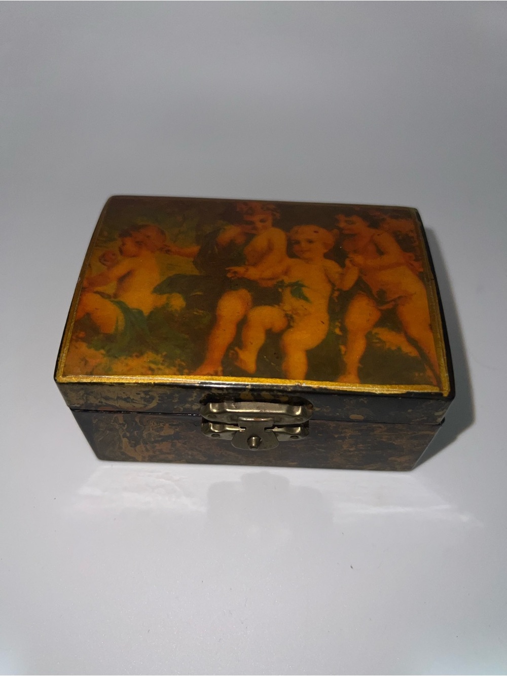 Decorative Vintage Cherub Jewelry Box in Brown and Gold